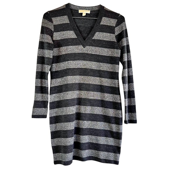 Michael Kors Dress Striped Long Sleeve V Neck Sweater Dress Silver Metallic Gray - Picture 1 of 4
